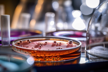 microbial cultures growing on petri dish with microscope in the background, created with generative aiの素材