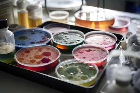 microbial cultures and petri dishes in science lab, with tools for manipulation visible, created with generative aiの素材