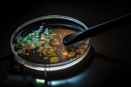 microbial culture growing in petri dish with magnifying glass and light source, created with generative aiの素材