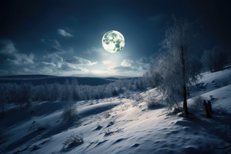 full moon shining over snowy landscape, created with generative aiの素材