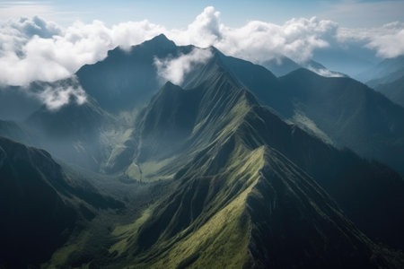 majestic mountain range, with clouds drifting across the peaks and valleys, created with generative aiの素材