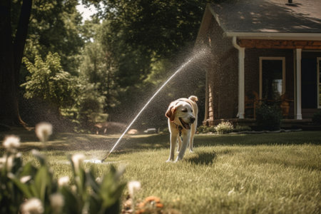 resident watering their lawn with sprinkler, while their dog plays in the yard, created with generative aiの素材
