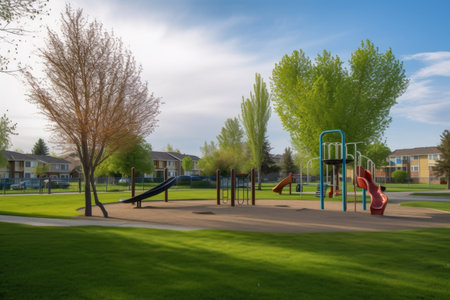 park with playground, basketball court, and picnic area visible in residential neighborhood scene, created with generative aiの素材
