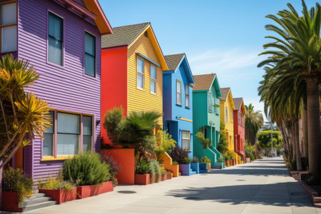 neighborhood with brightly-colored houses, creating a vibrant and welcoming atmosphere, created with generative aiの素材