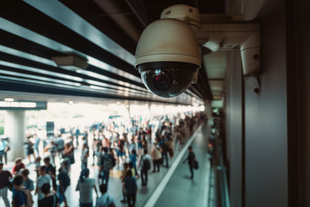 security camera and system, capturing footage of crowded train station during rush hour, created with generative aiの素材