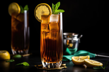 towering glass of iced tea with mint and lemon wedge garnish, created with generative aiの素材