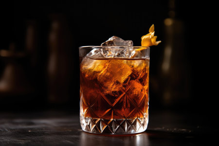close-up of iced tea in a glass, with straw and ice cubes visible, created with generative aiの素材
