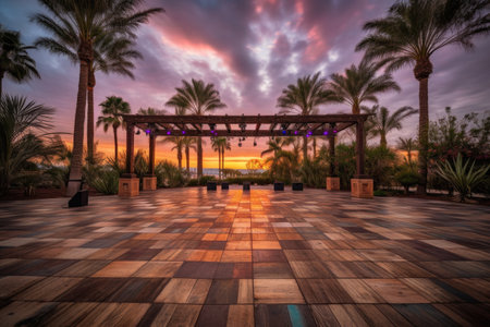 dance floor surrounded by palm trees and sunset in the background, created with generative aiの素材