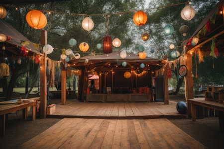 a wooden dance floor with lanterns hanging overhead at a festival, created with generative aiの素材