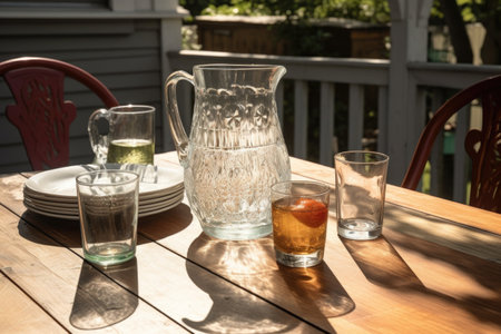 table with water pitcher and glasses on a sunlit deck, created with generative aiの素材