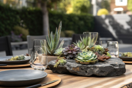 outdoor table setting with succulent centerpiece and natural stone plates, created with generative aiの素材