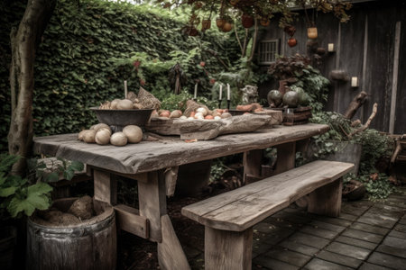 rustic garden table with natural elements and inviting settings, created with generative aiの素材