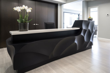 reception desk, complete with a sleek and modern design, providing guests with the ultimate first impression, created with generative aiの素材