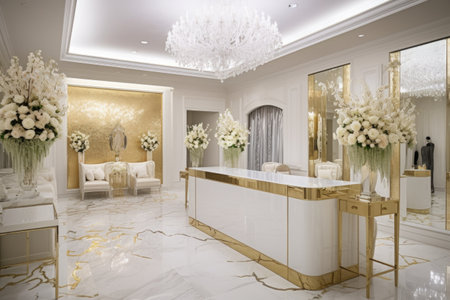 white-and-gold reception area with sleek furnishings, luxurious floral arrangements and crystal accents, created with generative aiの素材