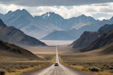 road trip through the scenic mountain range, with peaks in the distance, created with generative aiの素材