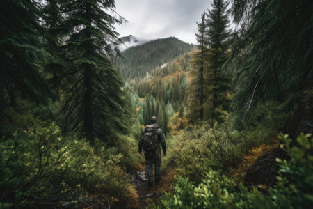 person, lost in the wilderness, surrounded by towering trees and rugged terrain, created with generative aiの素材