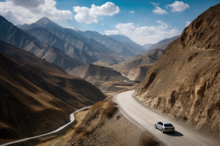 exciting road trip through the mountains, with breathtaking views and winding roads, created with generative aiの素材