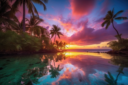 colorful sunset over a lush tropical paradise, surrounded by palm trees and clear blue waters, created with generative aiの素材