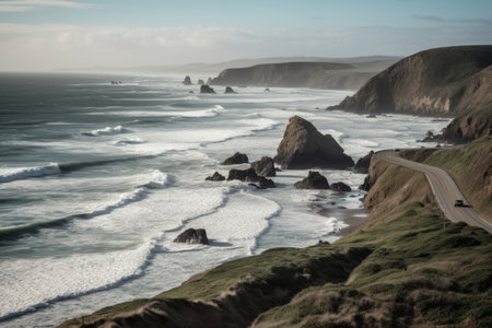 a road trip on the coast, with views of the ocean and waves rolling in, created with generative aiの素材