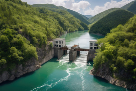 remote hydroelectric power plant, surrounded by lush greenery and clear waters, created with generative aiの素材
