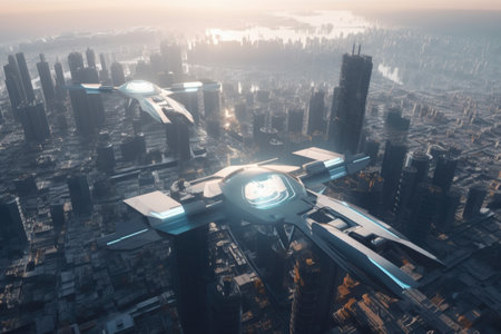 aerial view of futuristic cityscape, with sleek buildings and flying vehicles, created with generative aiの素材