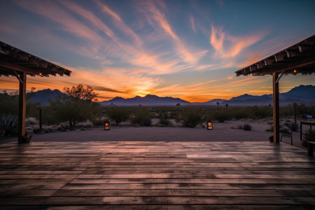 incredible sunset view from outdoor dance floor with mountains in the background, created with generative aiの素材
