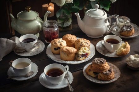morning tea party with scones, muffins, and tea for two, created with generative aiの素材