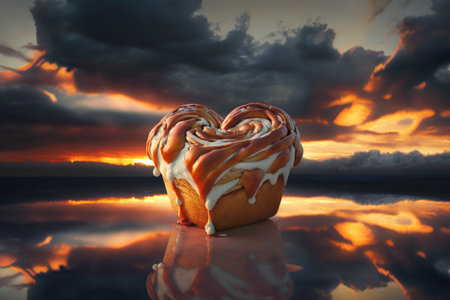 heart-shaped cinnamon roll with drizzled icing, set against dramatic sunrise sky, created with generative aiの素材