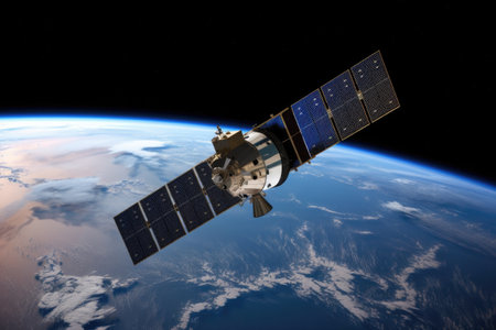 satellite in space, with the earth visible in the background, created with generative aiの素材