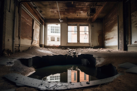 sinkhole in abandoned and historical building, with water slowly seeping through the cracks, created with generative aiの素材