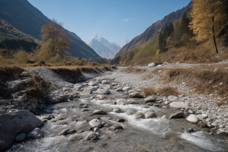 a mountain stream, polluted by runoff from farms in the valley below, created with generative aiの素材