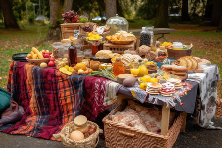 picnic table overflowing with picnic basket goodies, from sandwiches and chips to warm blankets and games, created with generative aiの素材