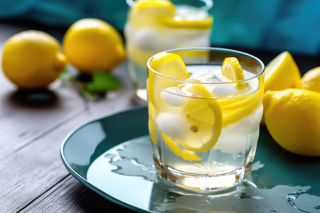 refreshing summer lemonade with slice of fresh lemon floating on top, created with generative aiの素材