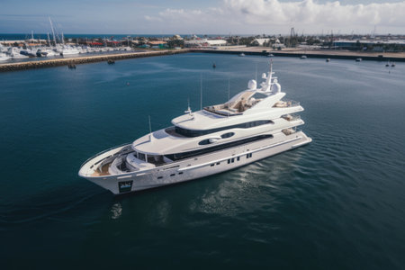 luxury yacht docked in marina, with aerial and drone views of surrounding waterway, created with generative aiの素材