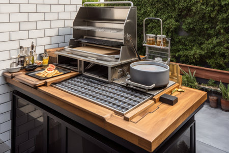 custom-built cooking station with grill, waffle iron, and pancake dispenser, created with generative aiの素材