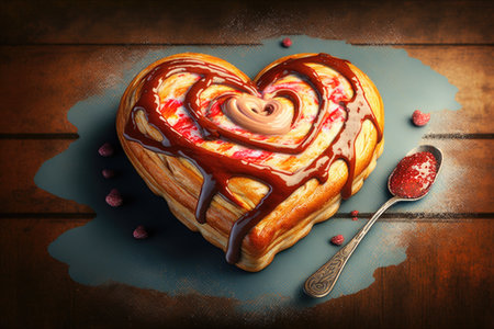 heart-shaped cinnamon roll, with drizzle of icing and heart decorations, created with generative aiの素材