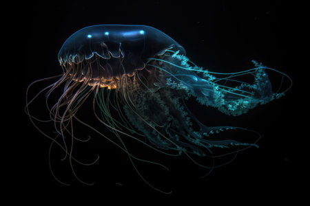 deep-sea creature is illuminated by bioluminescence, with its silhouette visible against the dark background, created with generative aiの素材