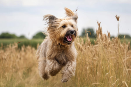 portrait of happy dog jumping in field with windblown fur, created with generative aiの素材