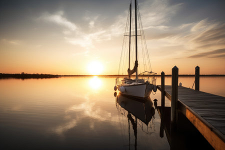 sailing boat docked at sunset with a tranquil, serene atmosphere, created with generative aiの素材