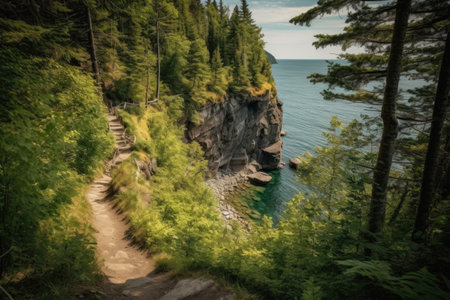 a cliffside path, winding through the forest and leading to the shoreline, created with generative aiの素材