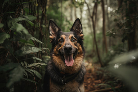 portrait of dog with tongue hanging out, surrounded by lush greenery, created with generative aiの素材