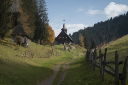 black forest with chapel and wooden crosses in the background, created with generative aiの素材