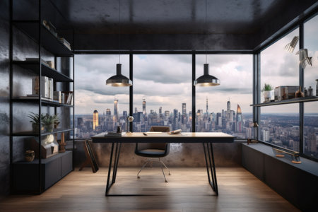 a decluttered office with a view of the city skyline, created with generative aiの素材