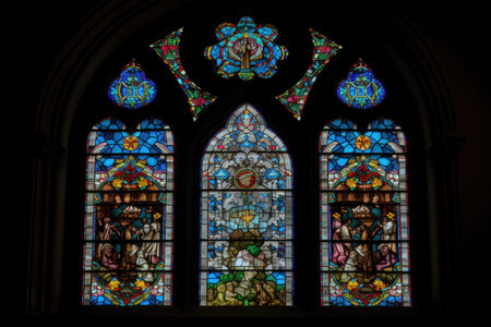 a church window with a mosaic of pastel colors and intricate details, created with generative aiの素材