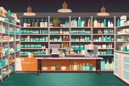 pharmacy, with shelves full of different medications and treatments, created with generative aiの素材