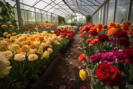 greenhouse filled with vibrant blooms, from roses to tulips, created with generative aiの素材