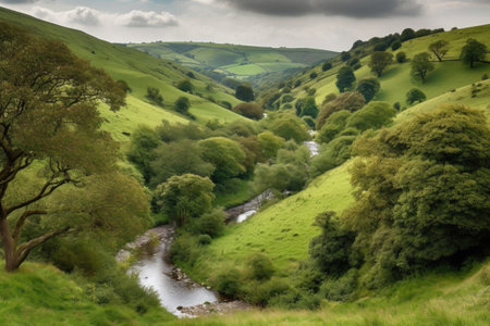 rolling countryside hills, with winding stream and towering trees, created with generative aiの素材