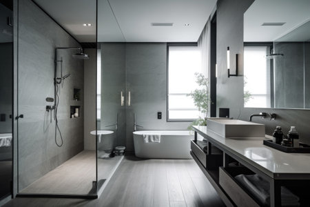 a minimalist bathroom, with sleek fixtures and clear lines, created with generative aiの素材