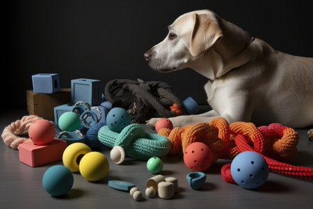 lineup of different kinds of pet toys, each ready for playtime, created with generative aiの素材