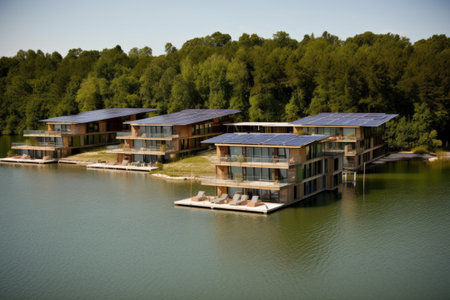 eco-friendly hotel, with solar panels and natural lighting, on the shore of a lake, created with generative aiの素材